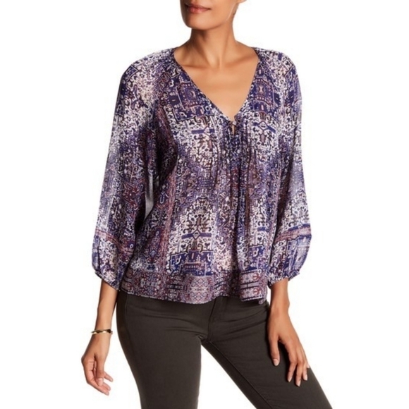 Joie V-Neck 3/4 Sleeve Print Silk Blouse - Picture 1 of 9